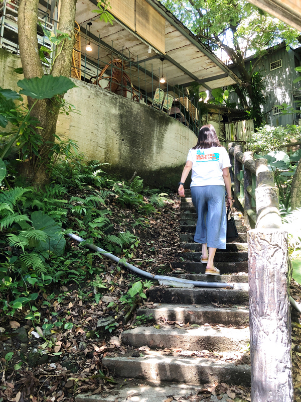 渡深咖啡廳入口石階步道，穿越深坑山林綠意，通往隱密露台空間，展現自然靜謐與森林系療癒氛圍。